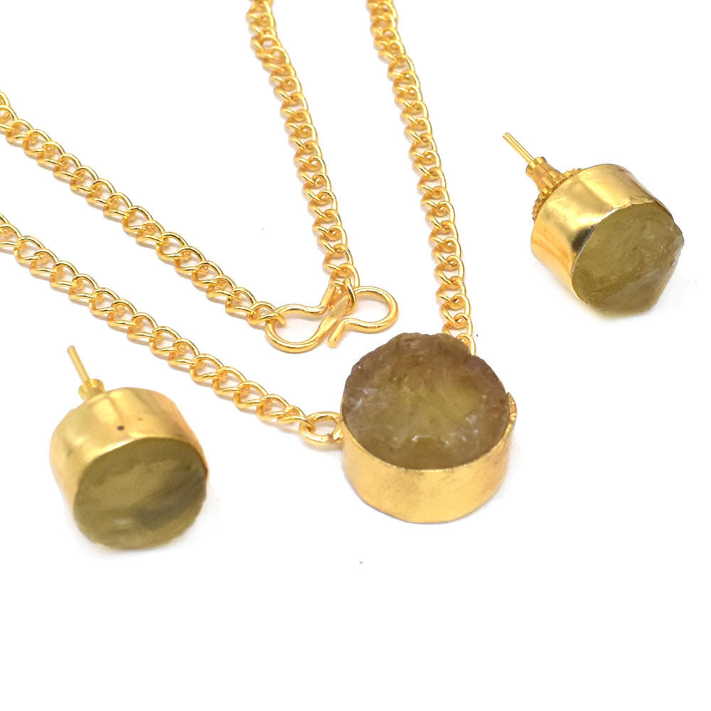Lemon Quartz Rough Jewelry Set Gold Plated Fashion Earring Necklace 18" SET-705