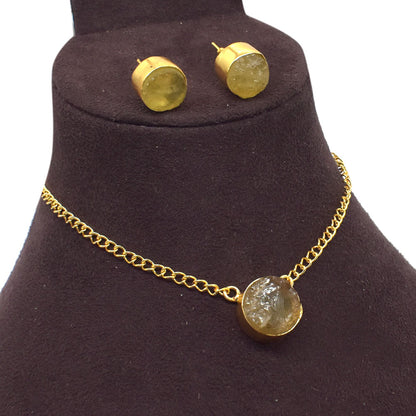 Lemon Quartz Rough Jewelry Set Gold Plated Fashion Earring Necklace 18" SET-705