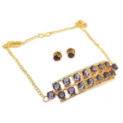 Sparkling Amethyst Choker Jewelry Set Gold Plated Necklace Earrings 18" SET-833