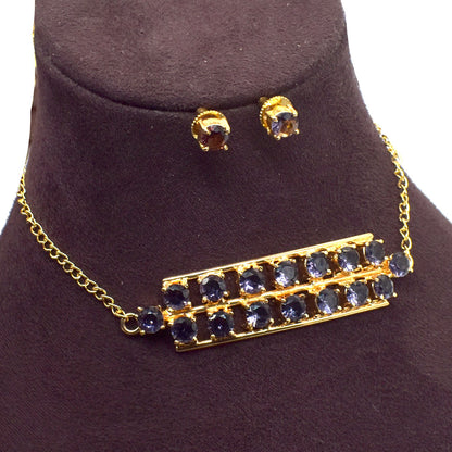 Sparkling Amethyst Choker Jewelry Set Gold Plated Necklace Earrings 18" SET-833