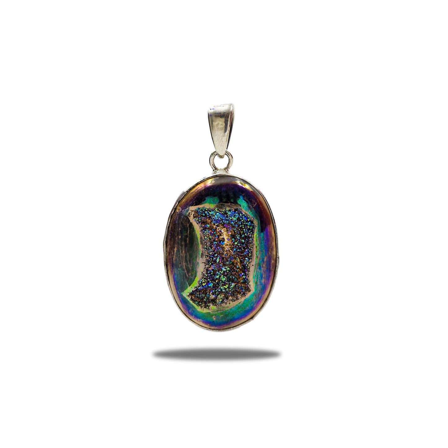 925 Sterling Silver Rainbow Druzy Oval Pendant Boho Statement Jewelry SPEN-115