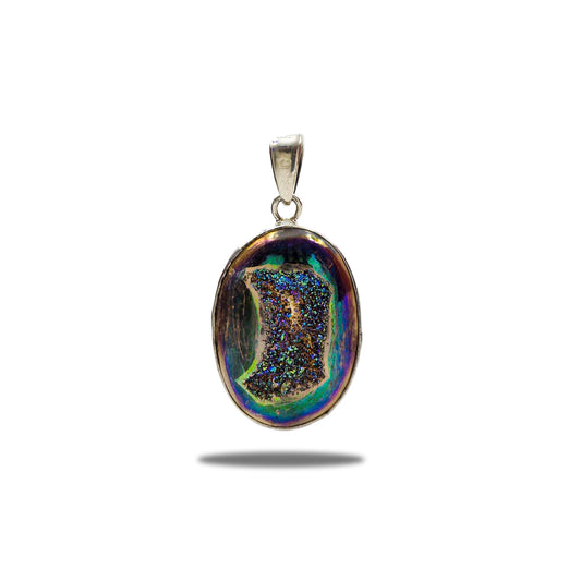 925 Sterling Silver Rainbow Druzy Oval Pendant Boho Statement Jewelry SPEN-115