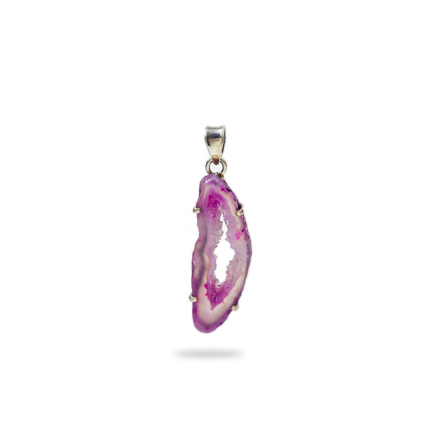 925 Sterling Silver Pink Slice Agate Geode Pendant Boho Statement SPEN-373