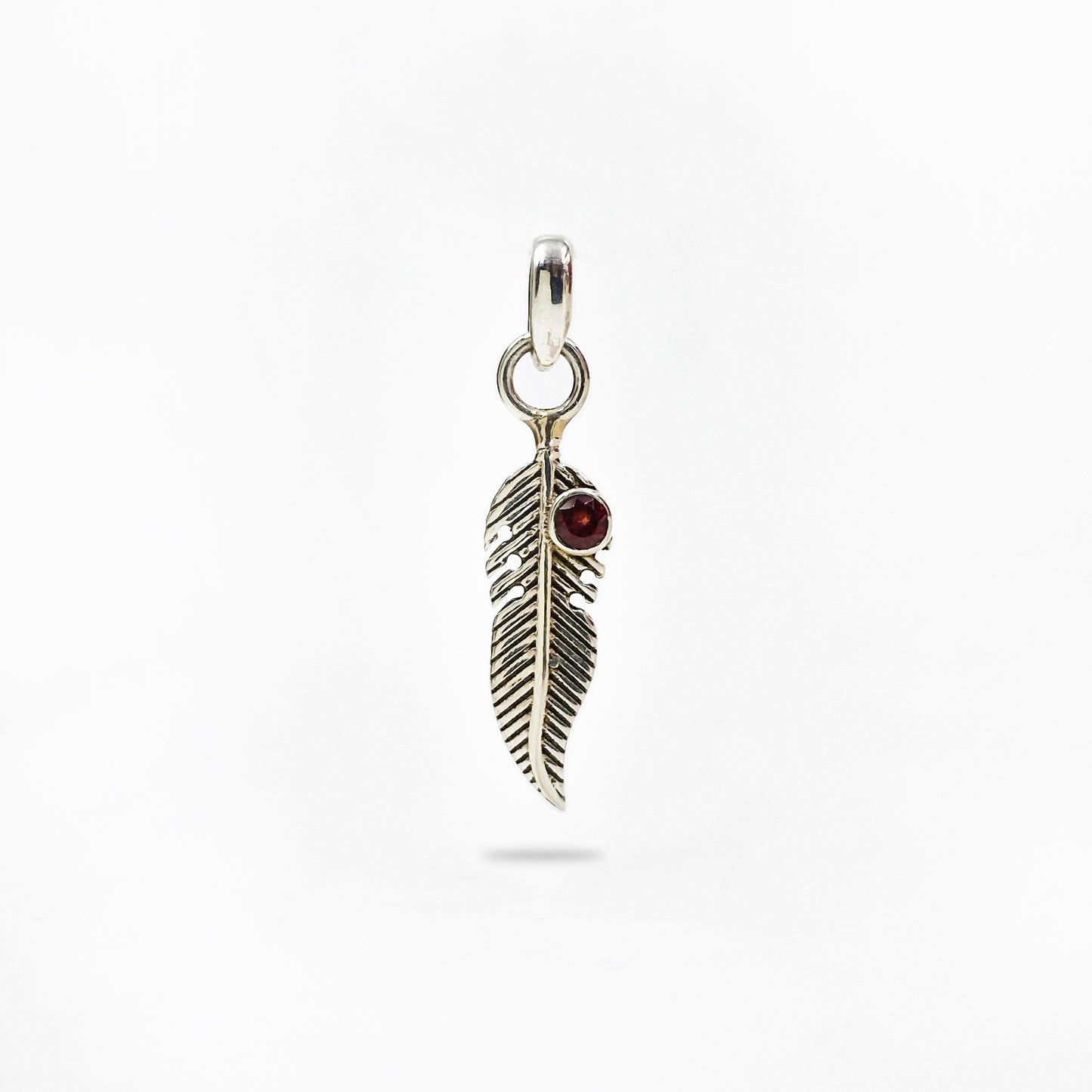 925 Sterling Silver Feather Pendant with Garnet Gemstone Boho Charm SPEN-389