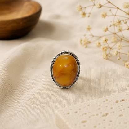 Baltic Amber Ring, 925 Sterling Silver Cabochon Statement Ring SR-1301
