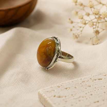 Baltic Amber Ring, 925 Sterling Silver Cabochon Statement Ring SR-1301