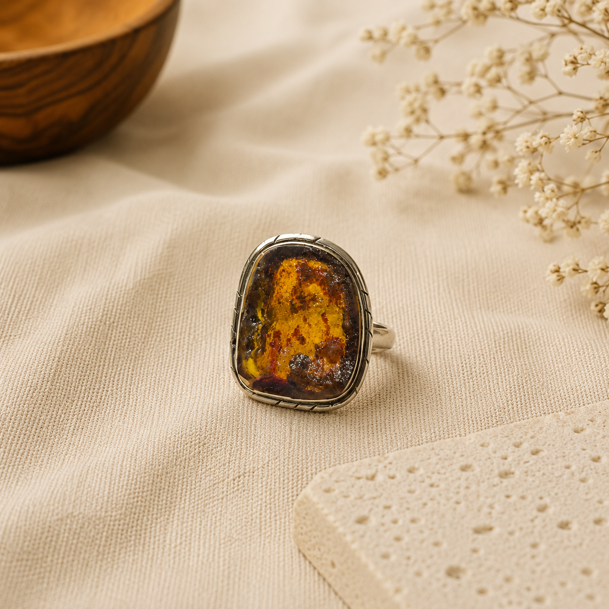 Baltic Amber Ring, 925 Sterling Silver Cabochon Statement Ring SR-1302