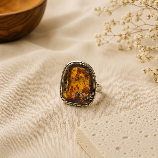 Baltic Amber Ring, 925 Sterling Silver Cabochon Statement Ring SR-1302