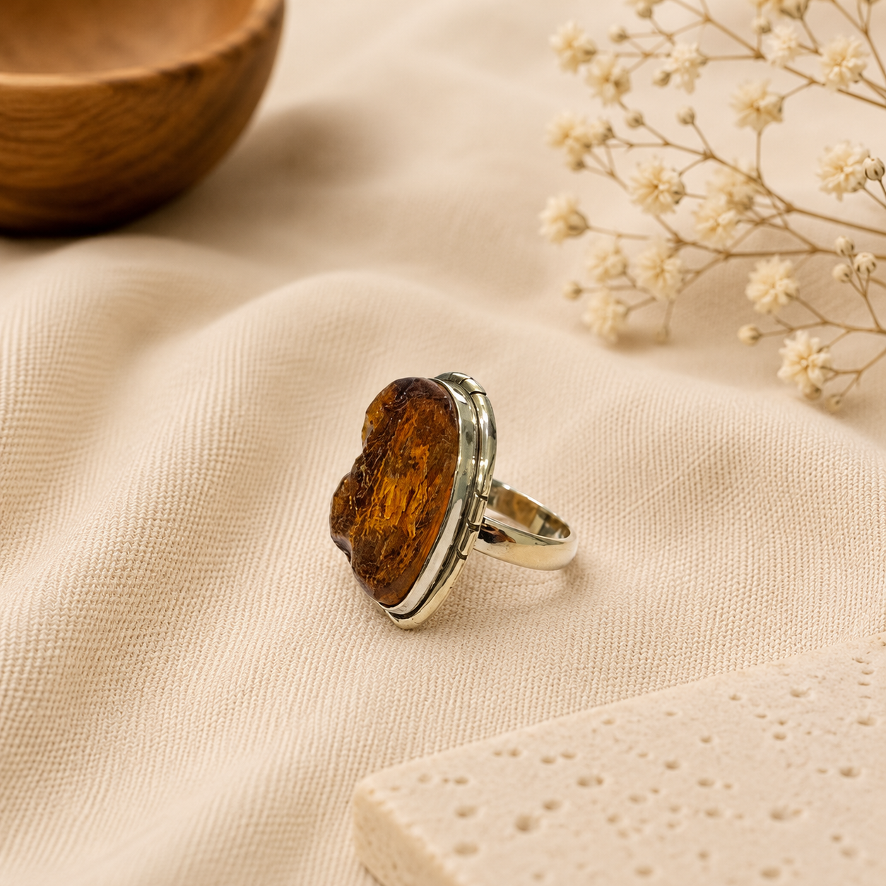 Baltic Amber Ring, 925 Sterling Silver Cabochon Statement Ring SR-1302