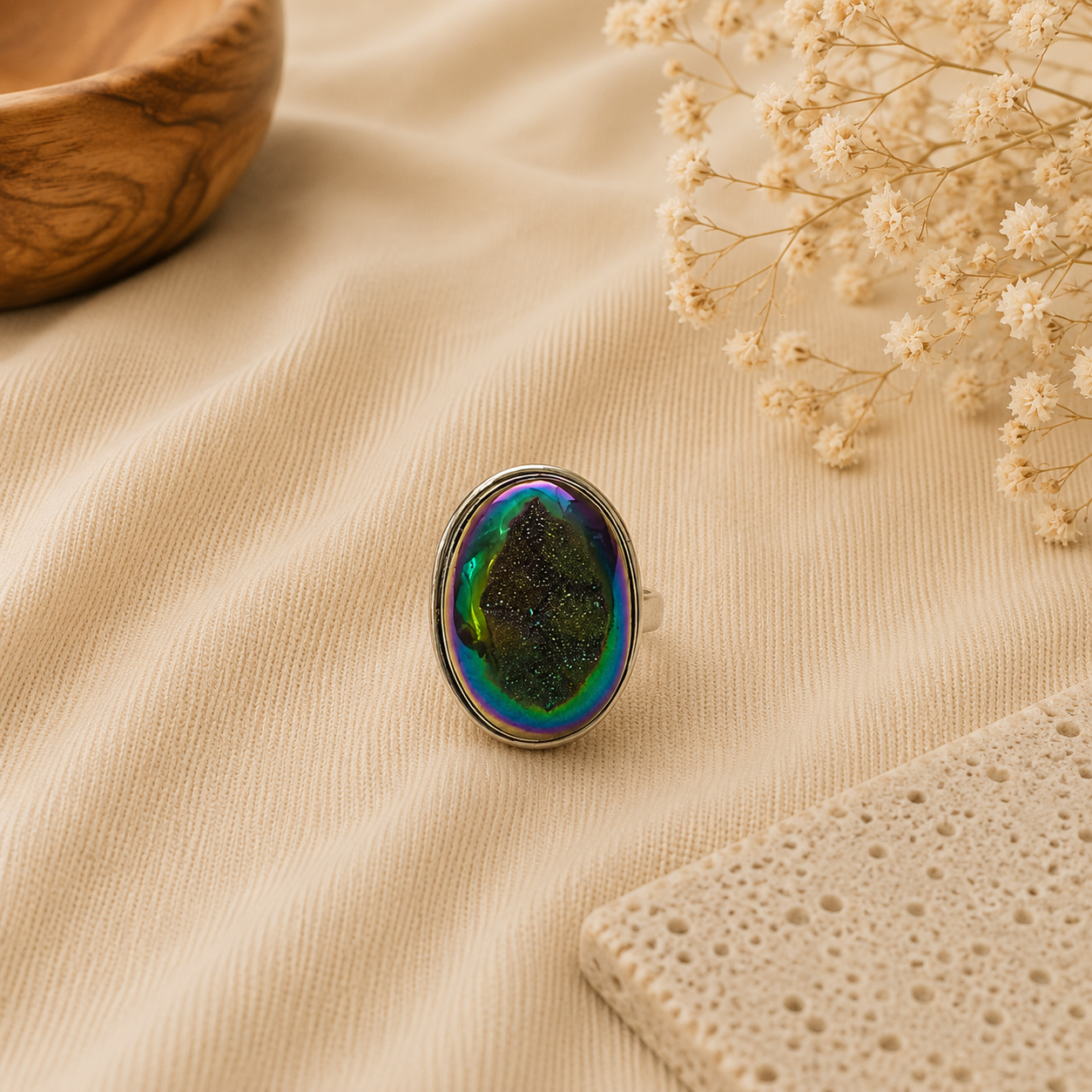 Natural Titanium Drusy Ring, 925 Sterling Silver Pear Shaped Boho Ring SR-1344