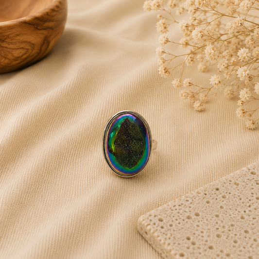 Natural Titanium Drusy Ring, 925 Sterling Silver Pear Shaped Boho Ring SR-1344