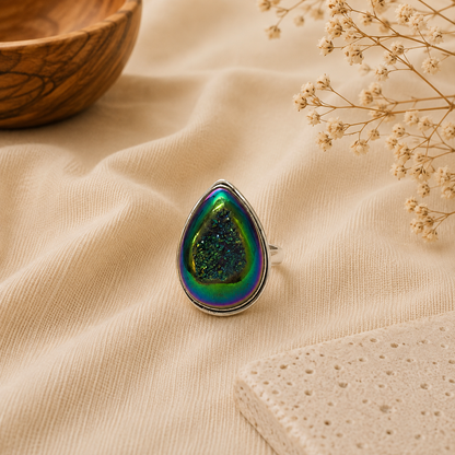 Natural Titanium Drusy Ring, 925 Sterling Silver Pear Shaped Boho Ring SR-1345