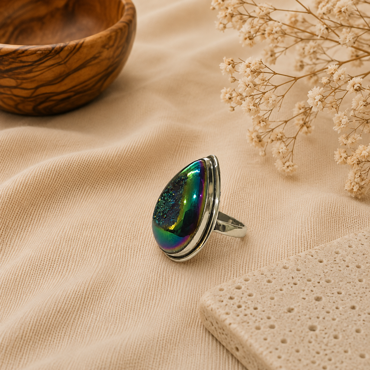 Natural Titanium Drusy Ring, 925 Sterling Silver Pear Shaped Boho Ring SR-1345