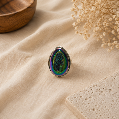 Natural Titanium Drusy Ring, 925 Sterling Silver Pear Shaped Boho Ring SR-1346