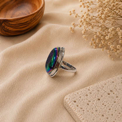 Natural Titanium Drusy Ring, 925 Sterling Silver Pear Shaped Boho Ring SR-1346