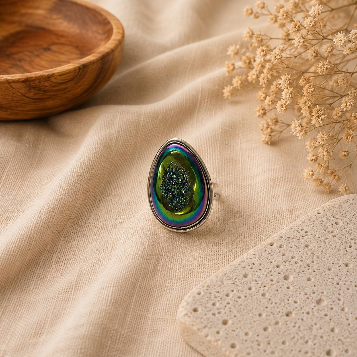 Natural Titanium Drusy Ring, 925 Sterling Silver Pear Shaped Boho Ring SR-1347