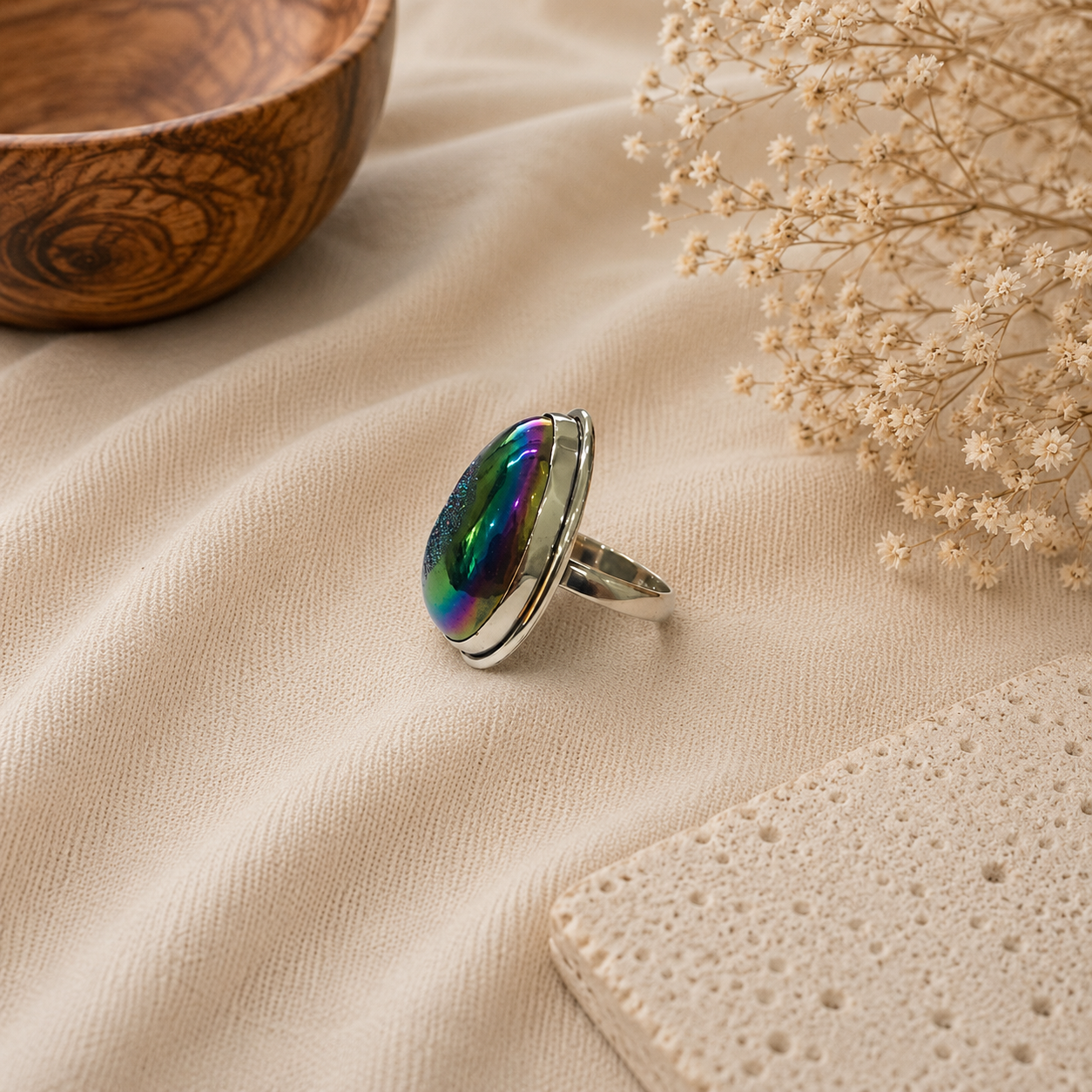 Natural Titanium Drusy Ring, 925 Sterling Silver Pear Shaped Boho Ring SR-1347