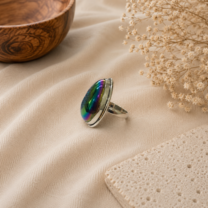 Natural Titanium Drusy Ring, 925 Sterling Silver Pear Shaped Boho Ring SR-1347