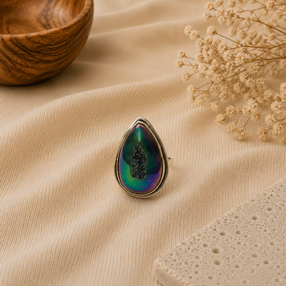 Natural Titanium Drusy Ring, 925 Sterling Silver Pear Shaped Boho Ring SR-1348