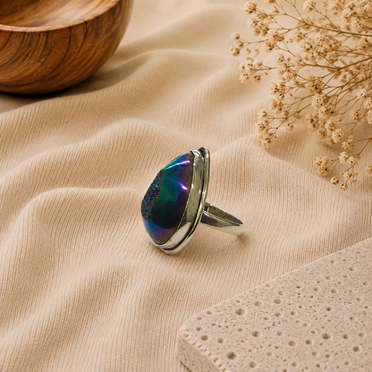 Natural Titanium Drusy Ring, 925 Sterling Silver Pear Shaped Boho Ring SR-1348