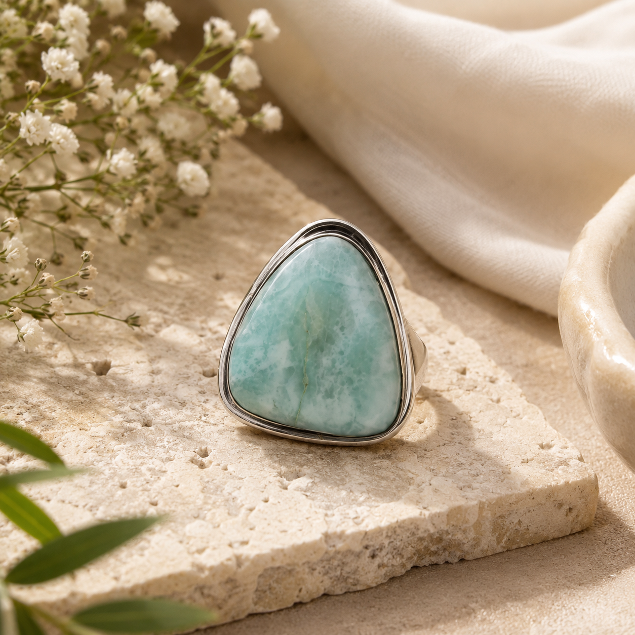 Natural Larimar Sterling Silver Statement Ring Boho Ocean Gemstone SR-1354