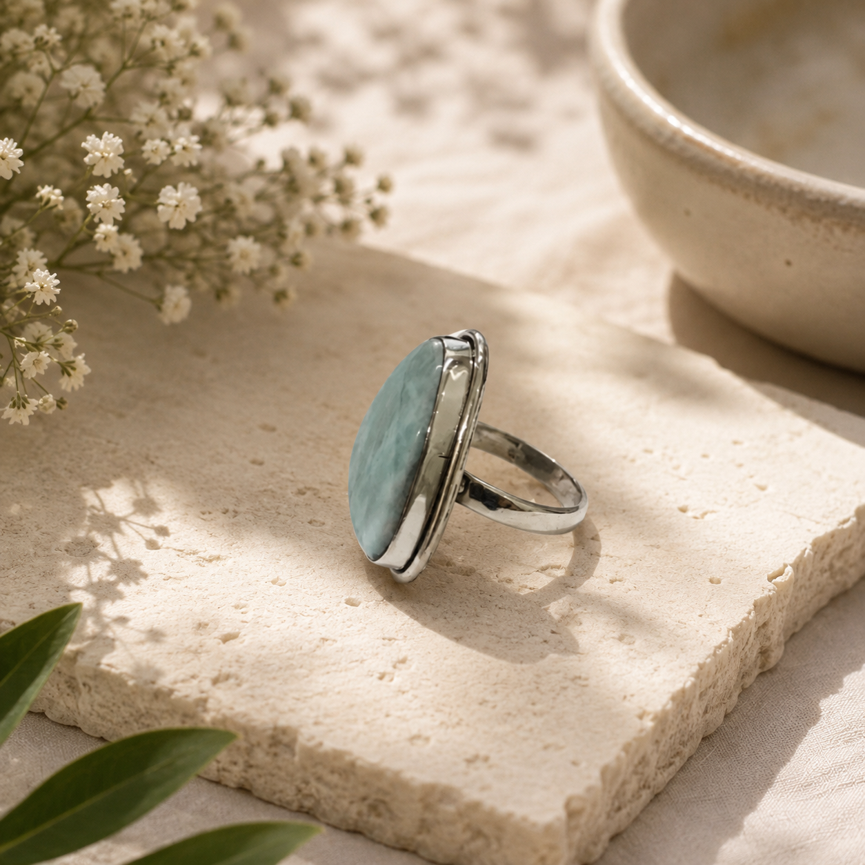 Natural Larimar Sterling Silver Statement Ring Boho Ocean Gemstone SR-1354
