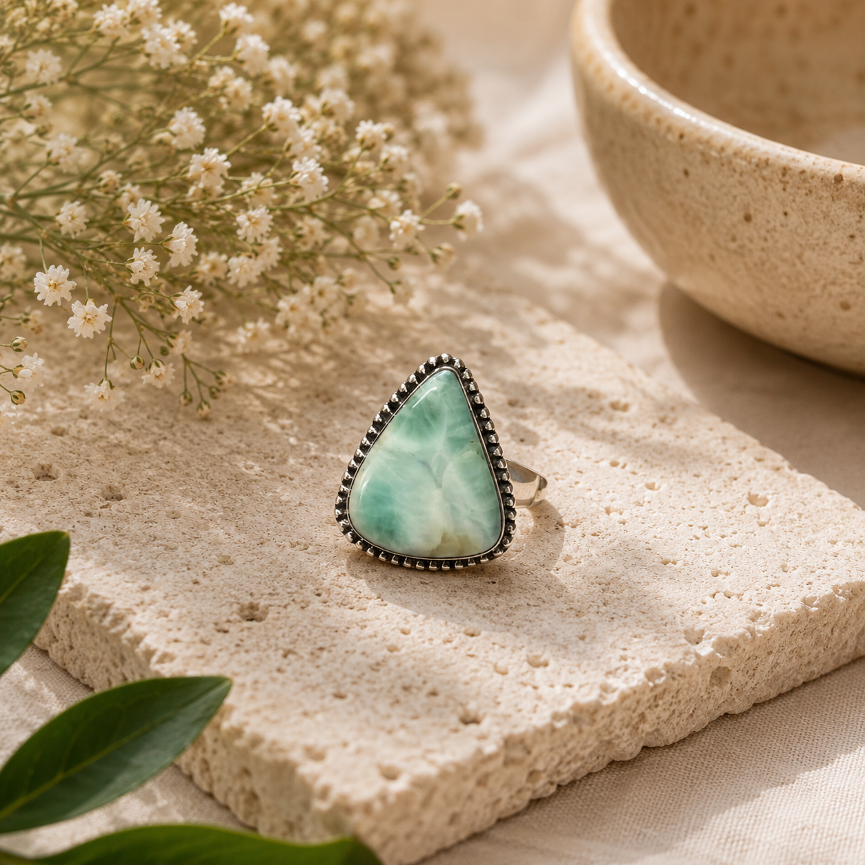 Natural Larimar Sterling Silver Statement Ring Boho Ocean Gemstone SR-1355