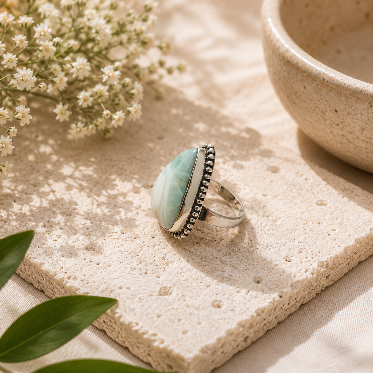 Natural Larimar Sterling Silver Statement Ring Boho Ocean Gemstone SR-1355