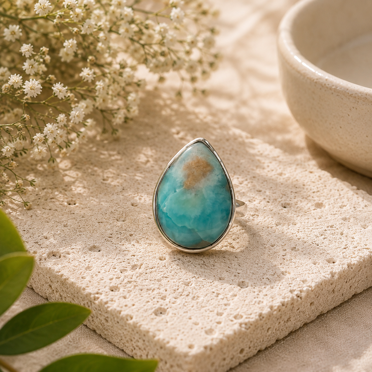 Natural Larimar Sterling Silver Statement Ring Boho Ocean Gemstone SR-1356
