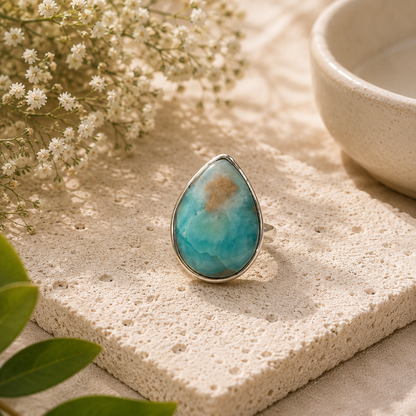 Natural Larimar Sterling Silver Statement Ring Boho Ocean Gemstone SR-1356