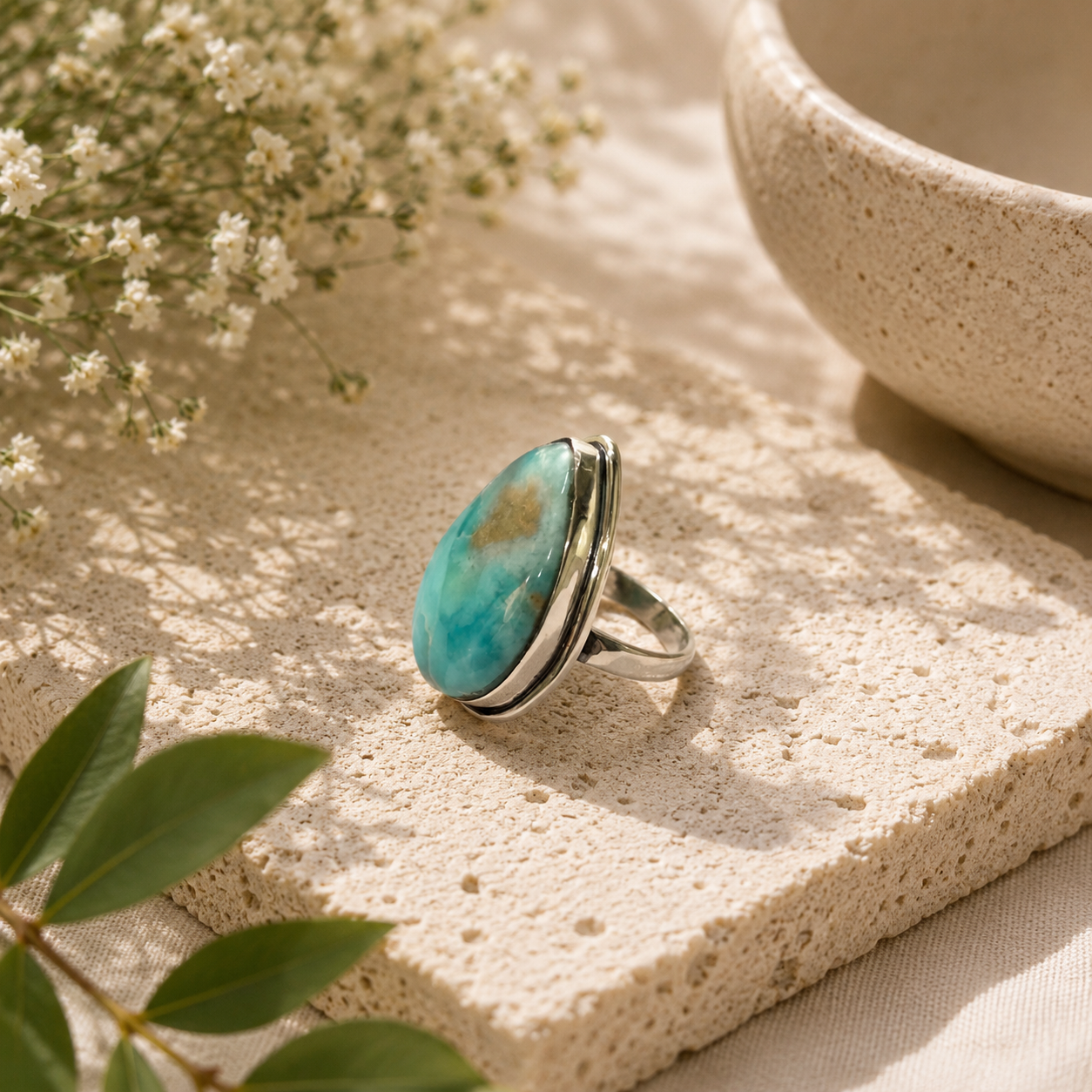 Natural Larimar Sterling Silver Statement Ring Boho Ocean Gemstone SR-1356