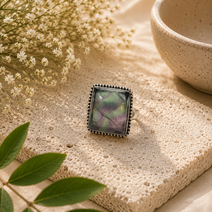 Fluorite Sterling Silver Statement Ring Natural Gemstone Boho Jewelry SR-1358