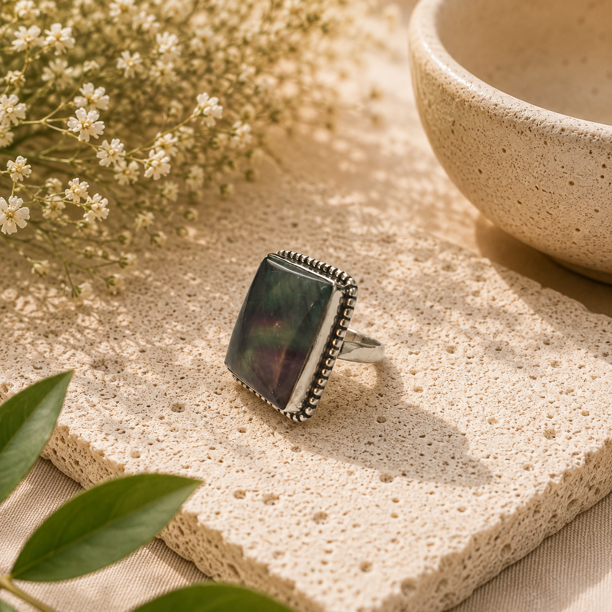 Fluorite Sterling Silver Statement Ring Natural Gemstone Boho Jewelry SR-1358