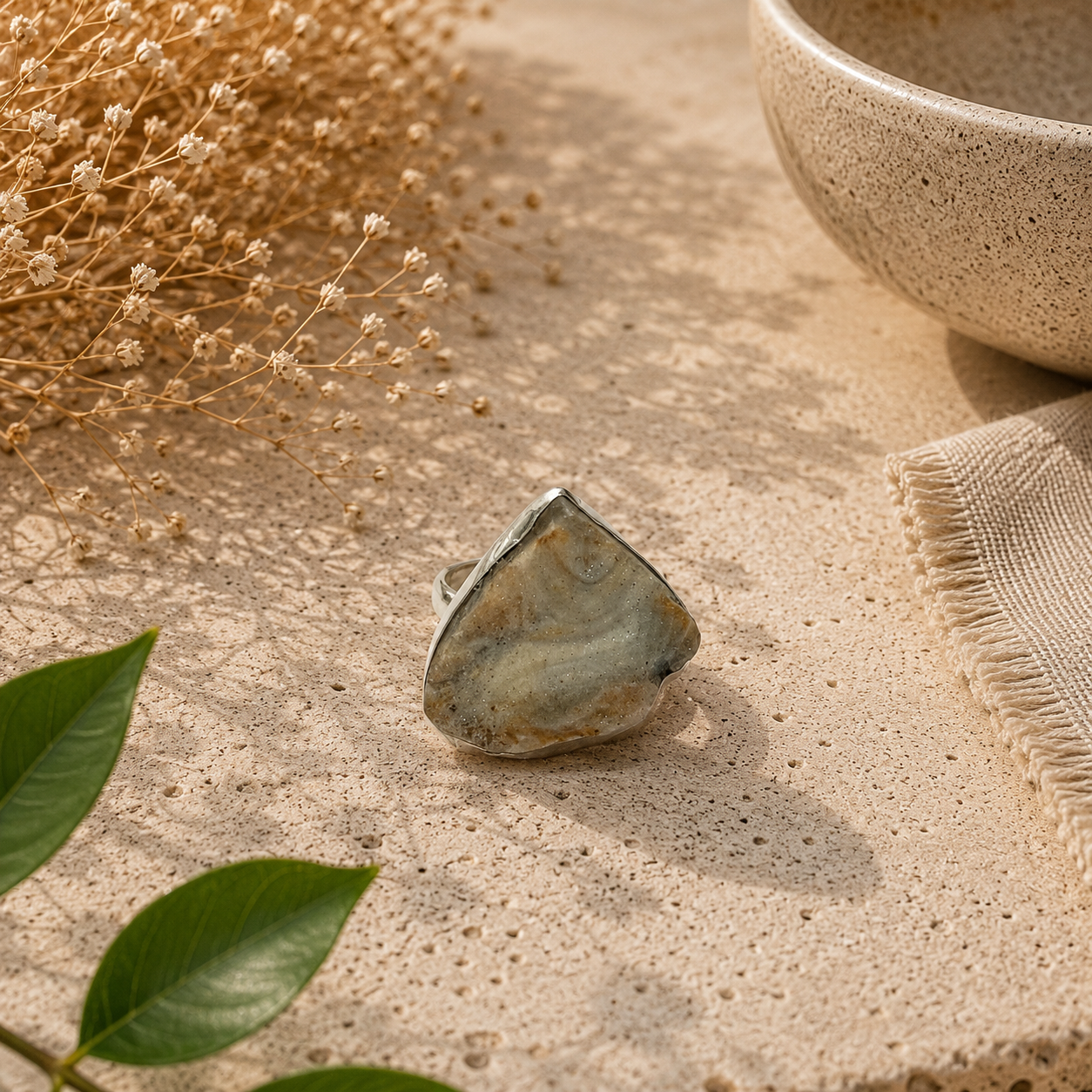 925 Sterling Silver Desert Druzy Natural Gemstone Statement Boho Ring SR-1366