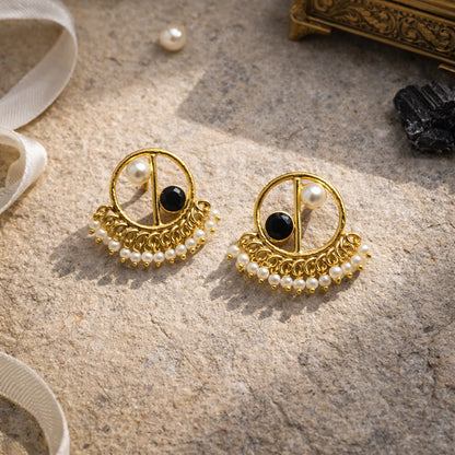 Gold Circle Pearl Earrings | Elegant Half Moon Statement Design ST05-GLD