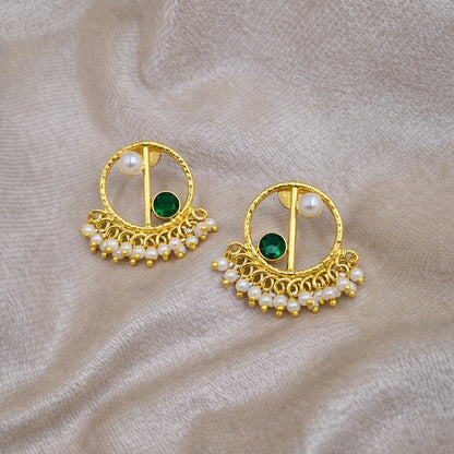 Gold Circle Pearl Earrings | Elegant Half Moon Statement Design ST05-GLD