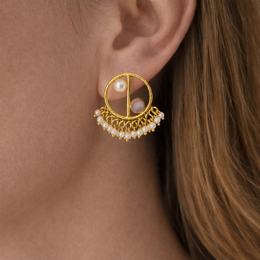 Gold Circle Pearl Earrings | Elegant Half Moon Statement Design ST05-GLD