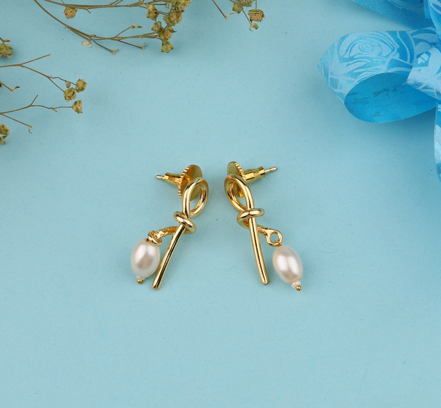 Gold Knot Pearl Drop Earrings for Women ST06-GLD