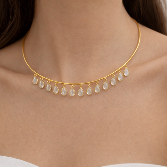 Gold Plated Drop Choker Necklace Elegant Fringe Design Minimal Statement Jewelry WCKR02-GLD