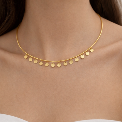 Gold Coin Drop Choker Necklace Minimal Disc Fringe Elegant Designer Jewelry WCKR03-GLD