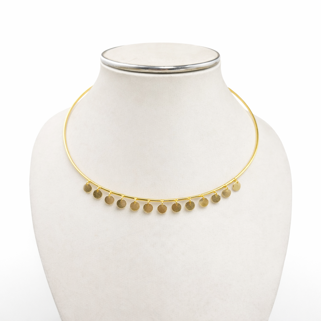 Gold Coin Drop Choker Necklace Minimal Disc Fringe Elegant Designer Jewelry WCKR03-GLD