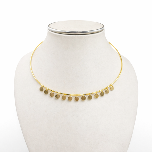 Gold Coin Drop Choker Necklace Minimal Disc Fringe Elegant Designer Jewelry WCKR03-GLD