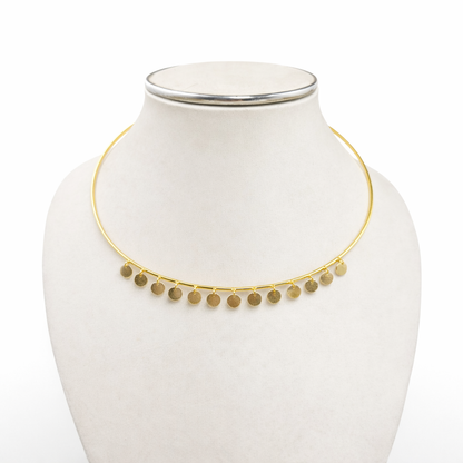 Gold Coin Drop Choker Necklace Minimal Disc Fringe Elegant Designer Jewelry WCKR03-GLD