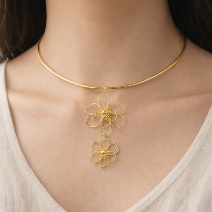 Gold Floral Pendant Choker Necklace Double Flower Minimal Elegant Jewelry WCKR04-GLD