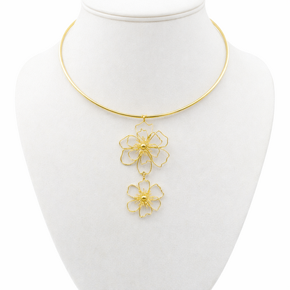 Gold Floral Pendant Choker Necklace Double Flower Minimal Elegant Jewelry WCKR04-GLD
