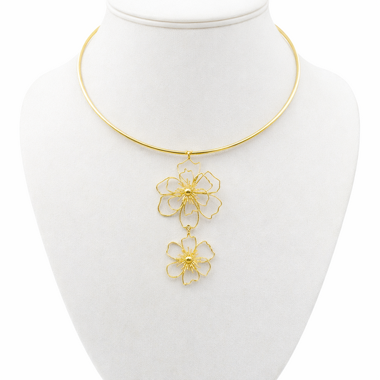 Gold Floral Pendant Choker Necklace Double Flower Minimal Elegant Jewelry WCKR04-GLD