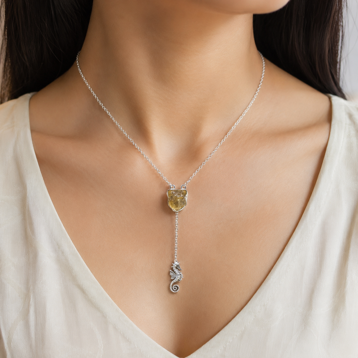 Raw Crystal Seahorse Pendant Necklace Silver Plated for Women Jewelry YNEC01-SLV